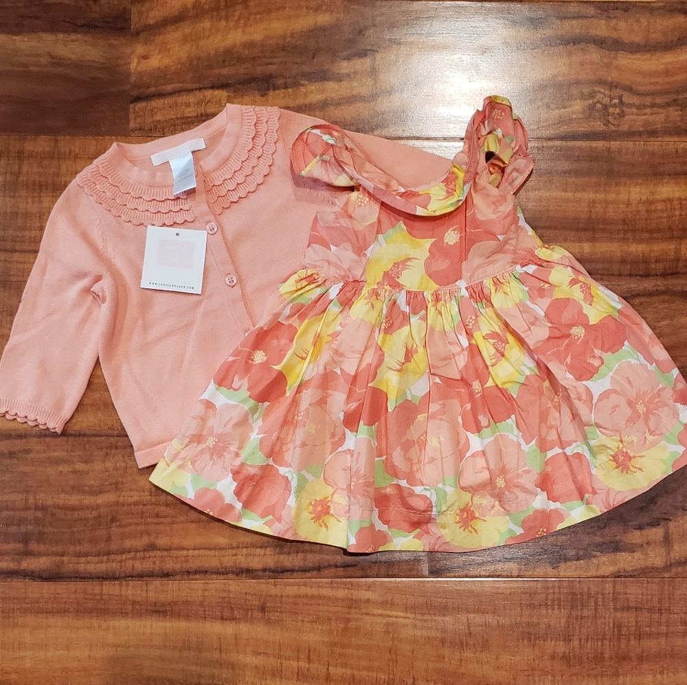 Janie and Jack NWT/EUC 3-6 months peach poppy floral dress and matching cardigan